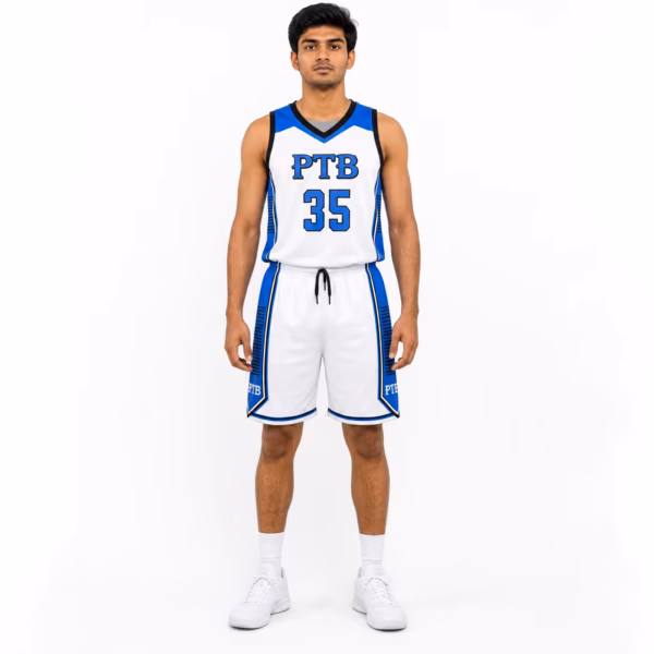 Front view of the PTB Premium Game White basketball uniform.