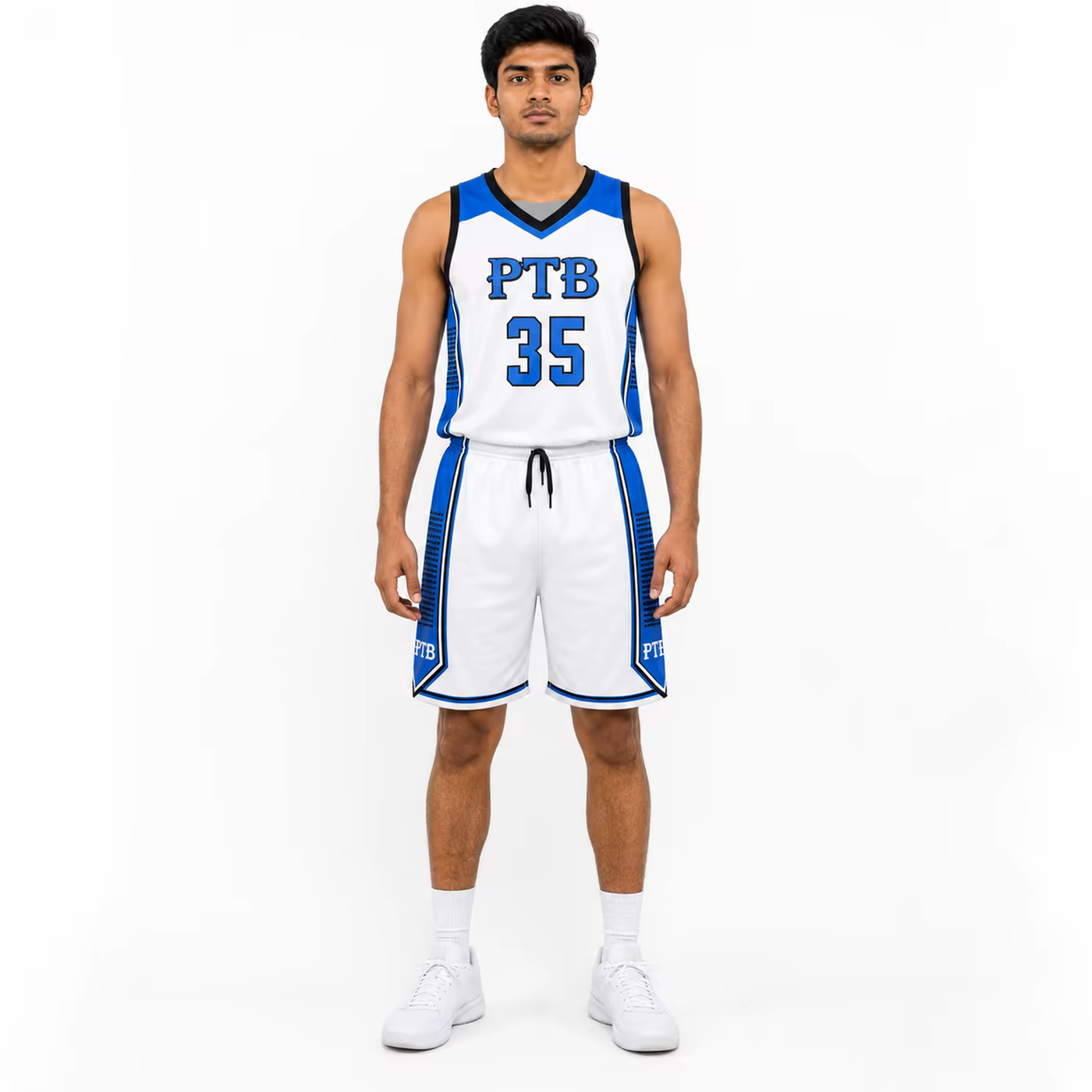 Front view of the PTB Premium Game White basketball uniform.