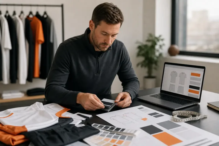 Team uniform samples arranged with specification sheets, color swatches, measuring tape, and a laptop.