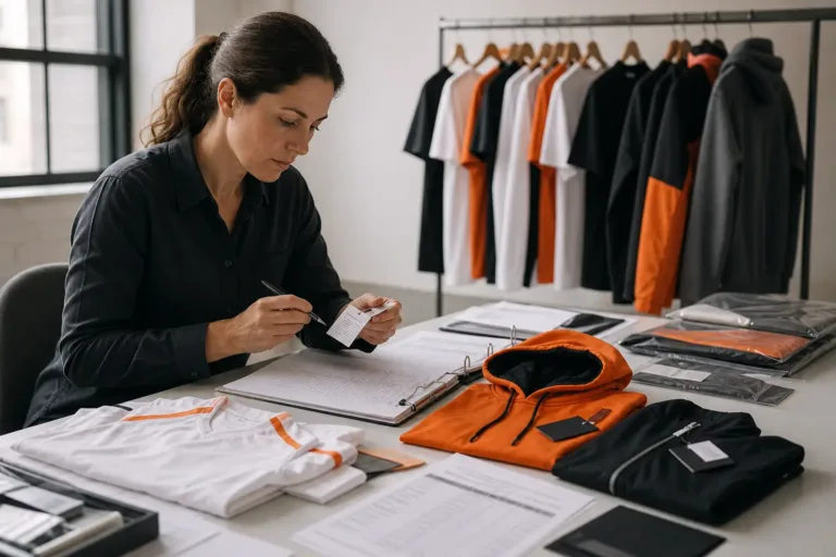 Auditor examining labels and records for unbranded teamwear before distribution.