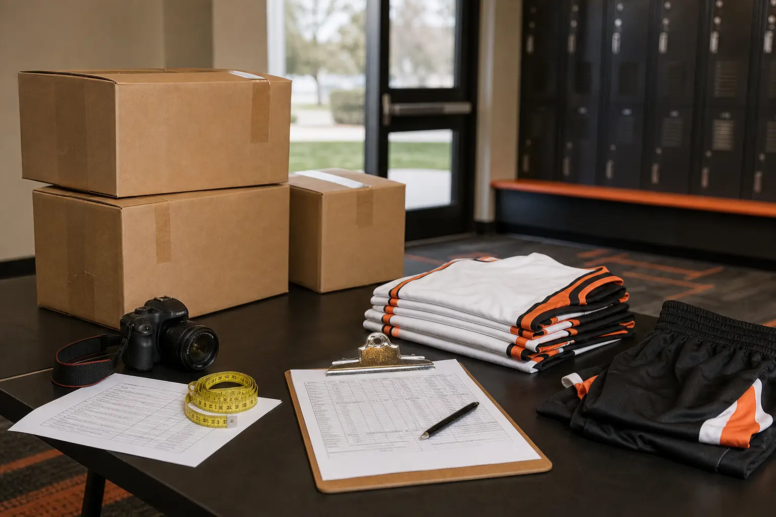 Teamwear cartons, folded uniforms, documents, and measuring tools arranged for a receiving inspection.